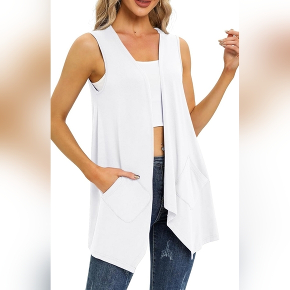 Size 2XL Women's White Knit Cardigan Sleeveless W/ Pockets High Low Hem Drape - Picture 2 of 5